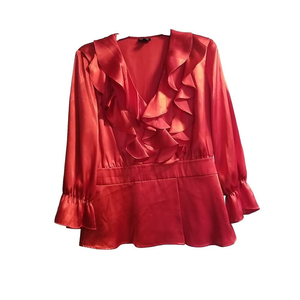 Gently Worn Womens Size L MSK Red ShinyDouble Ruffle Button Front V-Neck Blouse